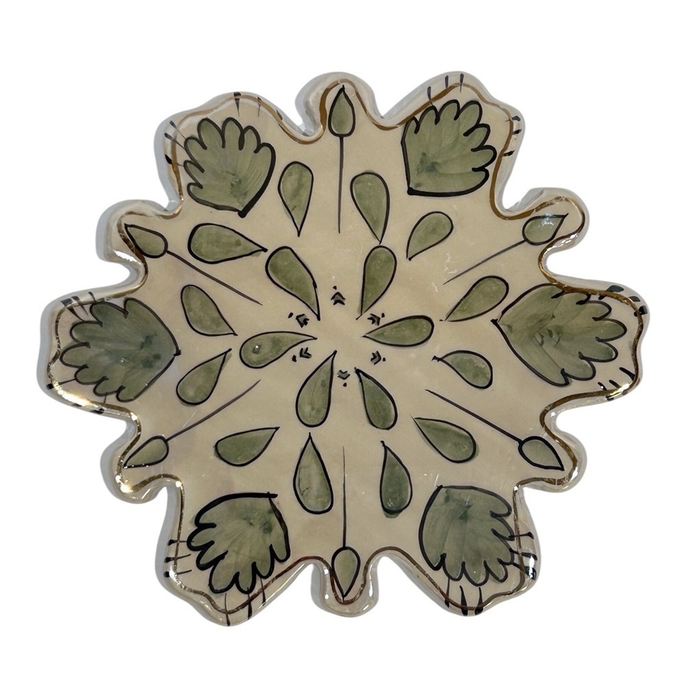 Snowflake 7” Blue Sky Clayworks Trivet/Tea Light Candle Green/Gold EUC
